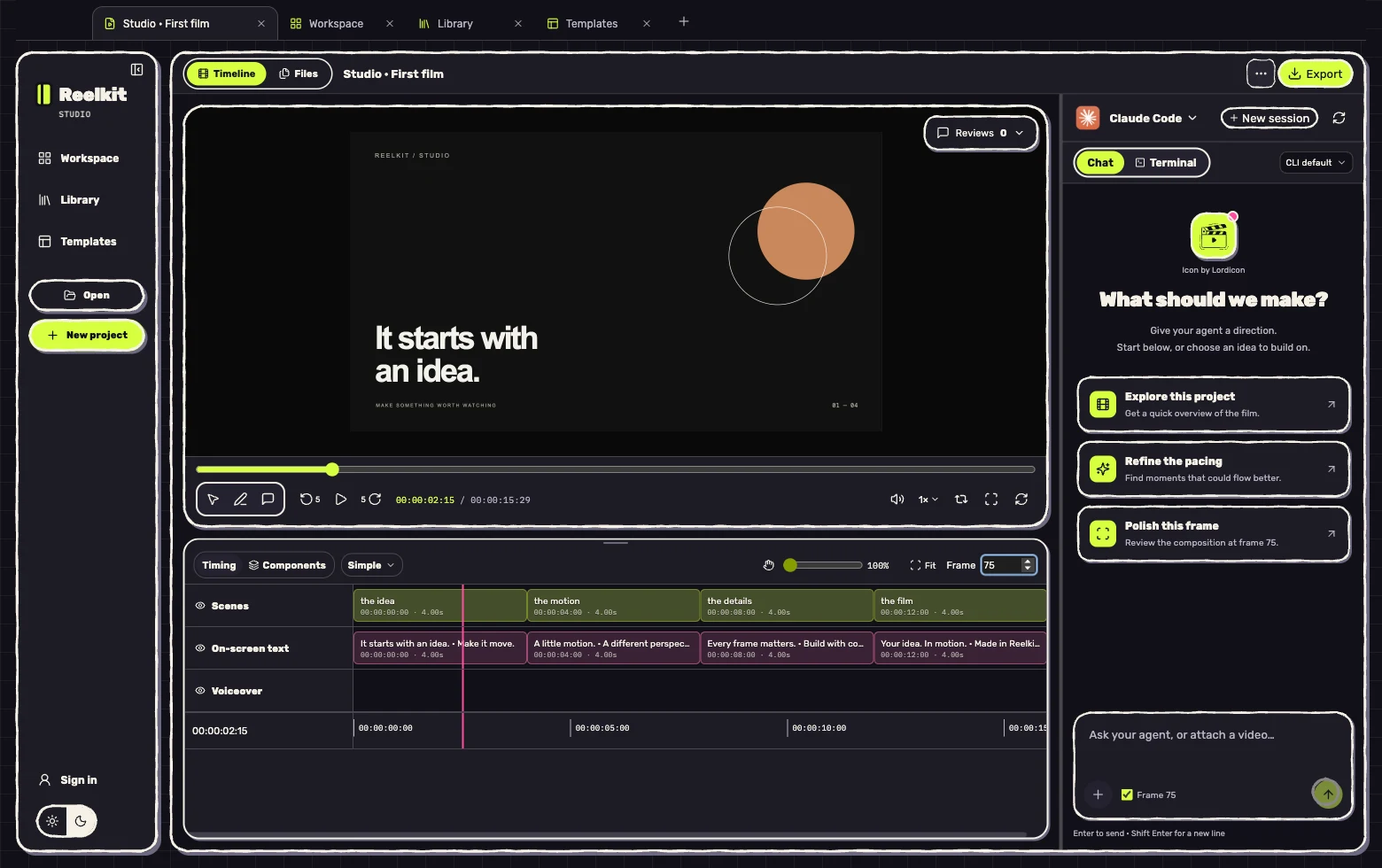 Reelkit Studio עם תצוגת סרט חיה, טיימליין קומפוננטים וצ׳אט עם סוכן קוד
